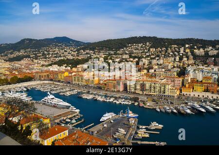Aerial panoramic view of Port Lympia in Nice, South of France