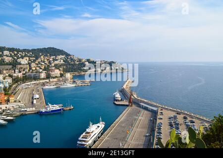 Aerial panoramic view of Port Lympia and lighthouse in Nice, South of France.