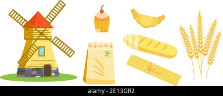 Illustration mill collection of elements wheat spikelets and grain products. Stock Vector
