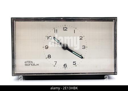 Vintage Emes Sonolux portable alarm clock, made in Germany, isolated on white background. Stock Photo
