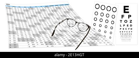 Kalender mit Sehtest und Brille, Terminvergabe