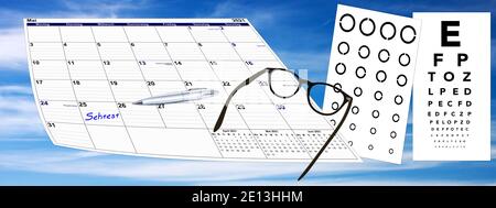 Kalender mit Sehtest und Brille und Kugelschreiber auf Himmel Hintergrund, Terminvergabe