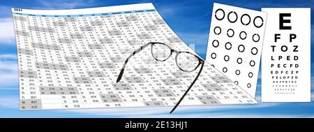 Kalender mit Sehtest und Brille und Kugelschreiber auf Himmel Hintergrund, Terminvergabe