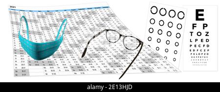 Kalender mit Sehtest und Brille, FFP2 Maske auf weißem Hintergrund, Terminvergabe