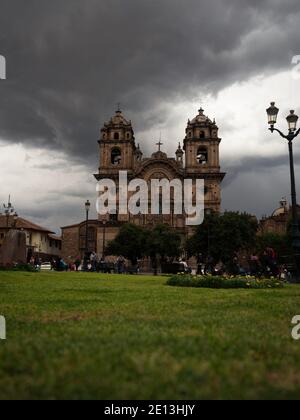 Closeup of Iglesia de la Compania de Jesus jesuit Church of society of Jesus seen from Plaza de Armas main square Cusco Peru South America Stock Photo