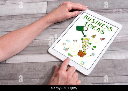 Business ideas concept shown on a tablet used by a woman Stock Photo