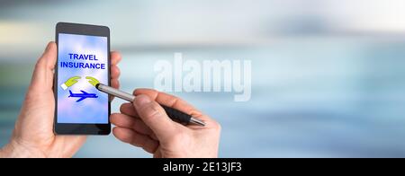 Smartphone screen displaying a travel insurance concept Stock Photo