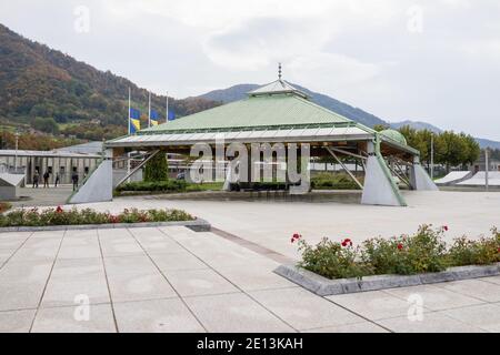 Srebrenica memorial center for war crimes victims commited in Bosnian war Stock Photo