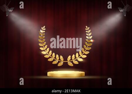Golden award signs with podium and laurel wreath isolated on red waving curtain background under spotlights. Vector award design template Stock Vector