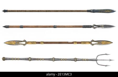 collection long spear, weapon, on an isolated white background. 3d illustration Stock Photo