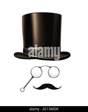 British gentleman vintage head elements set. Black top hat, glasses, moustache on white background. Realistic retro male fashion style vector Stock Vector