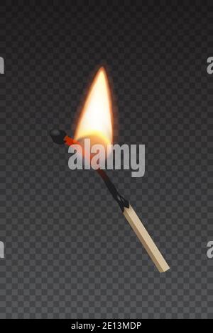 Lit match stick burning with fire flame. Wooden match, hot and glowing red isolated on transparent background. Abstract realistic horizontal vector il Stock Vector