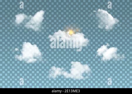Clouds with sun in sky set on blue transparent background. Realistic fluffy white clouds and sunshine vector illustration. Sunny and cloudy day in sum Stock Vector