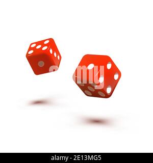 Two red dice cubes for gambling. Casino craps and playing games vector illustration. Poker cubes rolling with shades, random numbers with dots isolate Stock Vector