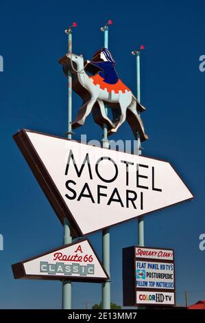 Motel Safari sign on historic Route 66 in Tucumcari, New Mexico, USA Stock Photo