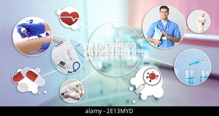 Collage of different medical services. Innovative technologies in medicine Stock Photo