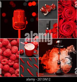 Collage of photos in red colors on dark background Stock Photo