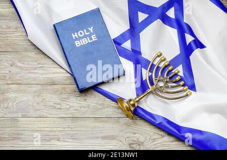 Flag Israel Holy Bible Menorah Text Shabbat Shalom Wooden Background Stock  Photo by ©serezniy 563470900