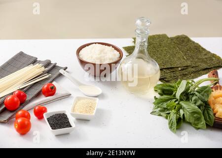 Composition with rice vinegar  on table Stock Photo