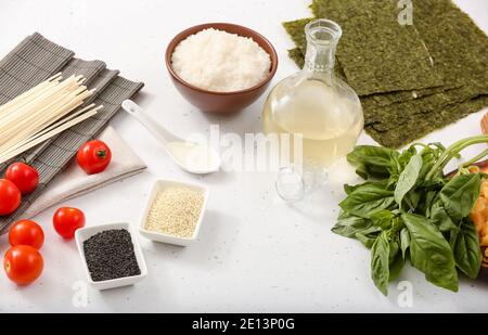 Composition with rice vinegar  on table Stock Photo