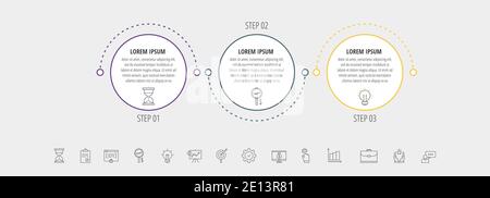 Circles vector line infographic with 3 step, icons. Timeline used for diagram, chart, web, banner, flowchart, info graph, content, levels, chart Stock Vector