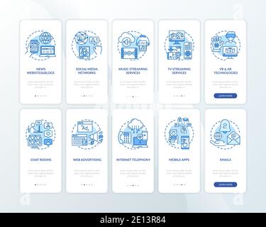 New media examples onboarding mobile app page screen with concepts set Stock Vector