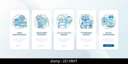 New media kinds onboarding mobile app page screen with concepts Stock Vector
