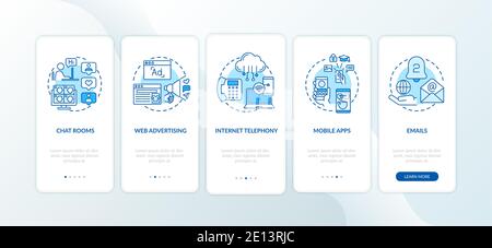 New media kinds onboarding mobile app page screen with concepts Stock Vector