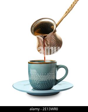 https://l450v.alamy.com/450v/2e13wr0/pouring-hot-coffee-from-cezve-into-cup-on-white-background-2e13wr0.jpg