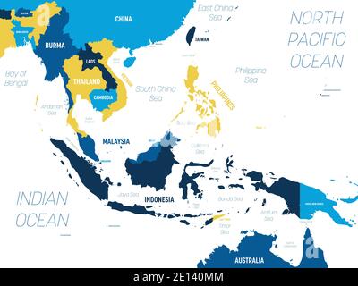 Southeast Asia map - brown orange hue colored on dark background. High detailed political map of southeastern region with country, ocean and sea names labeling. Stock Vector