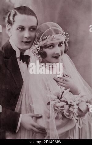 Germany - CIRCA 1920s: Vintage wedding art deco era photo. Shot of just married couple portrait in studio Stock Photo