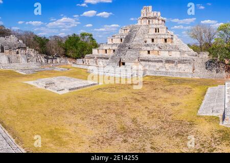 Campeche, Mexico. Edzna Mayan City. Panoramic view of the Pyramid of the Five Floors and Gran Acropolis. Stock Photo