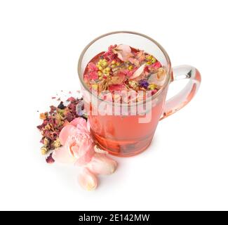 Cup of floral tea on white background Stock Photo