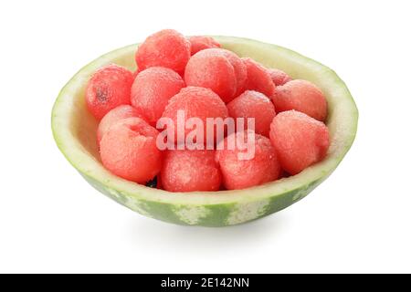 Tasty watermelon balls in ripe watermelon on white background Stock Photo