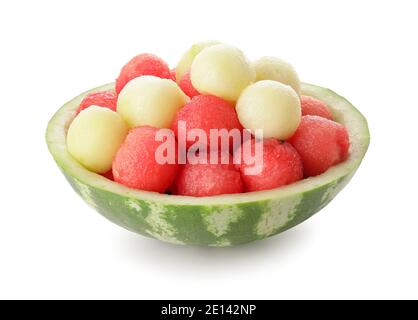 Tasty watermelon balls in ripe watermelon on white background Stock Photo
