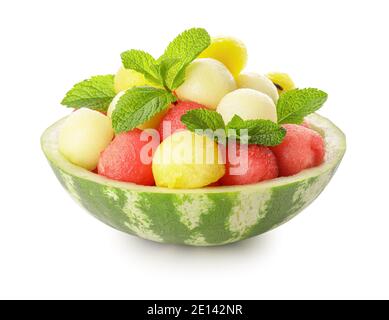 Tasty watermelon balls in ripe watermelon on white background Stock Photo