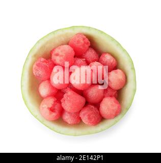 Tasty watermelon balls in ripe watermelon on white background Stock Photo