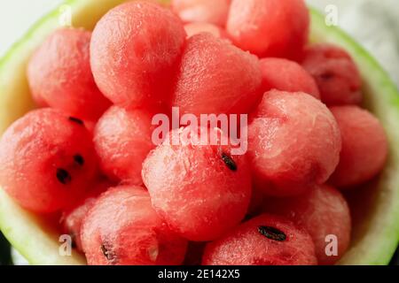 Tasty watermelon balls in ripe watermelon, closeup Stock Photo