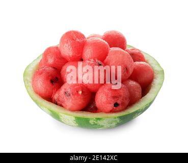 Tasty watermelon balls in ripe watermelon on white background Stock Photo