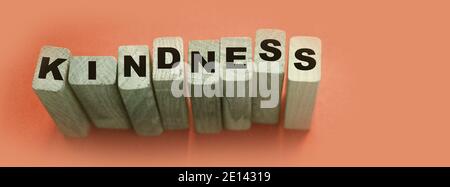 KINDNESS word made with wooden building blocks on coral soft red background. Lifestyle concept. Stock Photo
