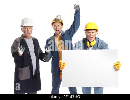 Protesting miner men with placard on white background Stock Photo