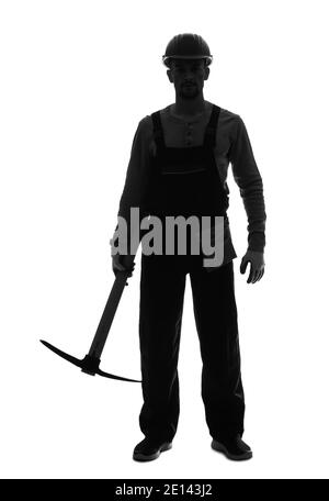 Silhouette of miner man on white background Stock Photo