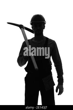 Silhouette of miner man on white background Stock Photo