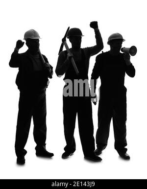 Silhouette of protesting miner men on white background Stock Photo