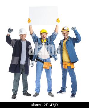 Protesting miner men with placard on white background Stock Photo