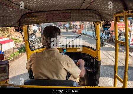 View from the inside of an auto rickshaw in Kerala state, India Stock Photo