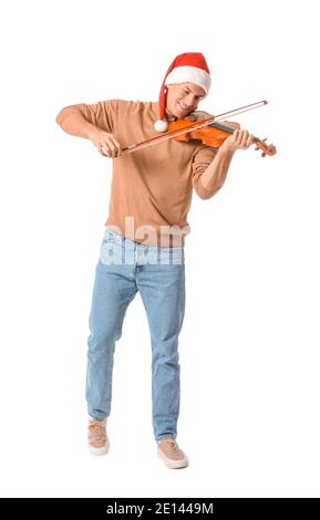 Young man playing violin on white background Stock Photo