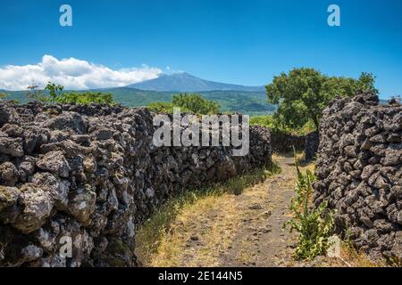 Rural road along old lava stone wall with Etna volcano view in Sicily Stock Photo