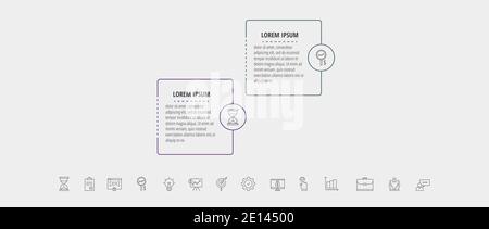 Square vector line infographic with two steps, circles. Rectangular timeline used for diagram, chart, web, banner, workflow layout, presentations Stock Vector