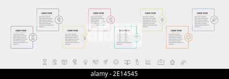 Square vector line infographic with eight steps, circles. Rectangular timeline used for diagram, chart, web, banner, workflow layout, presentations Stock Vector